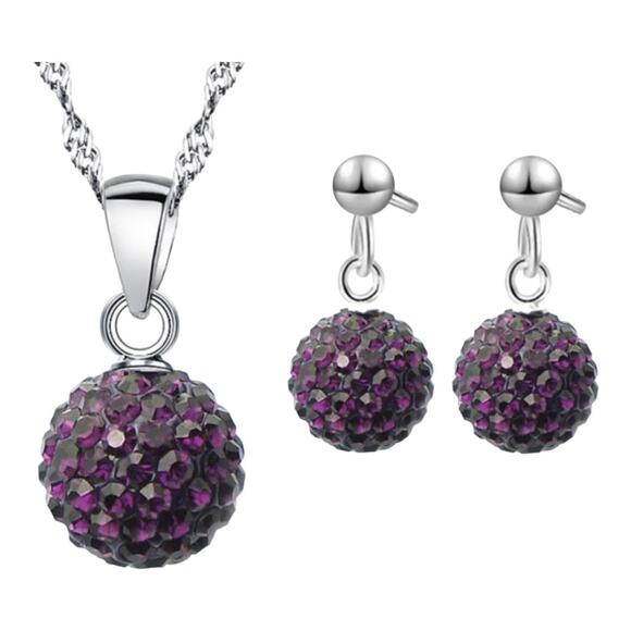 Purple Crystal Rhinestone Gemstone Birthstone Ball Necklace & Drop Earrings Set - Picture 1 of 4